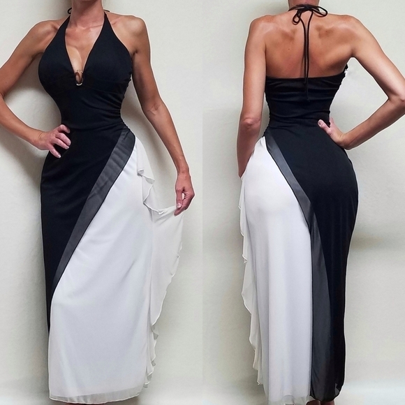 𝅺VINTAGE 1990s Taboo Black White Ruffle Asymmetrical Backless Halter Maxi Dress - Picture 1 of 16